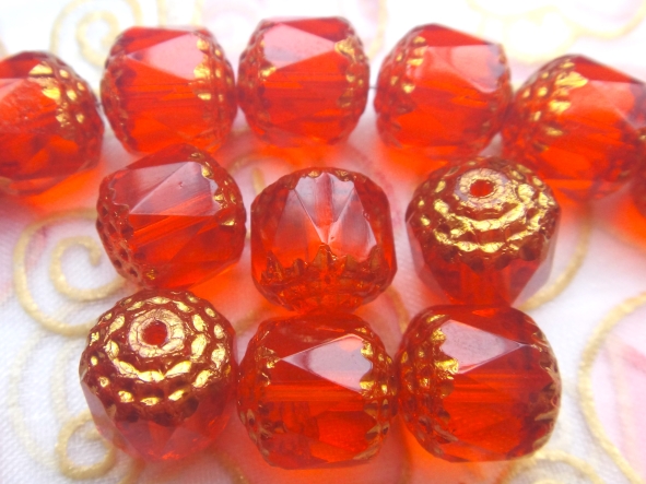 10MM古董珠~< C90030>風信橘紅鑲銅金邊---1包/6顆